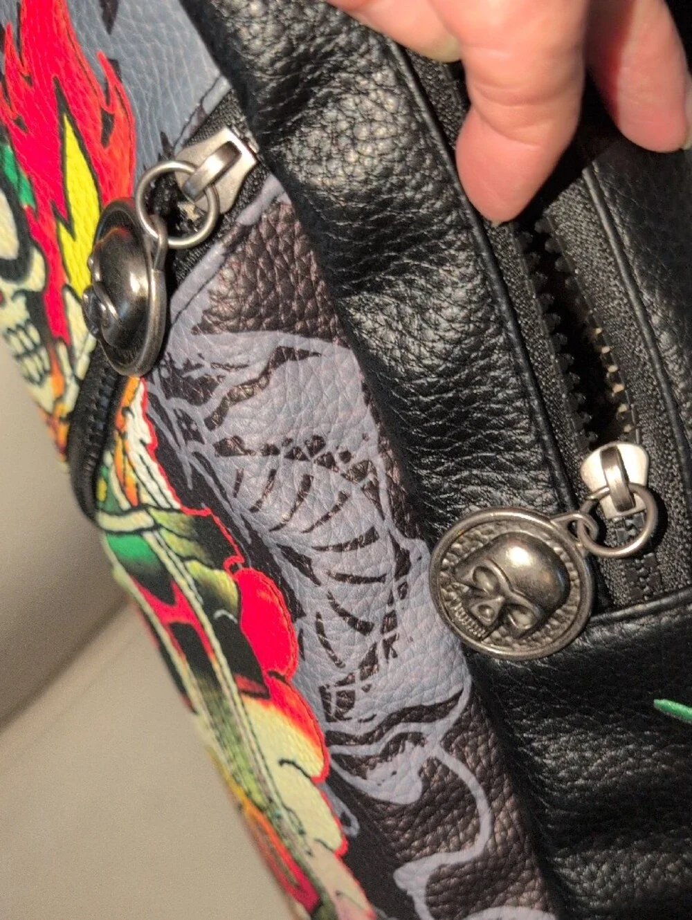 Ed Hardy Black Graphic Sling Bag with Multicolor Skull Print NWT